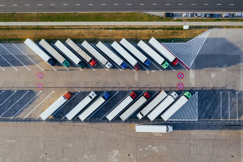 An aerial view of lorries parked in rows at a distribution yard